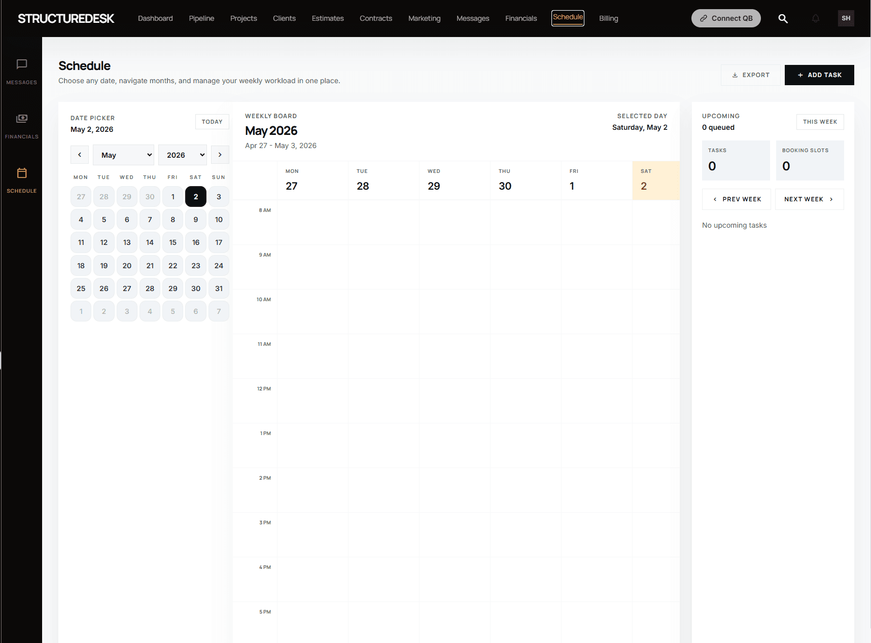 StructureDesk schedule view with weekly board, date picker, and upcoming tasks panel